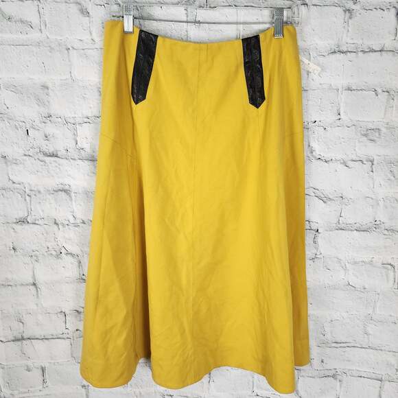 Premise midi Skirt Sz 4 yellow, black leather detail stertch zip up A18C - Picture 1 of 4
